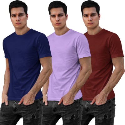 Adrift Solid Men Round Neck Navy Blue, Purple, Maroon T-Shirt