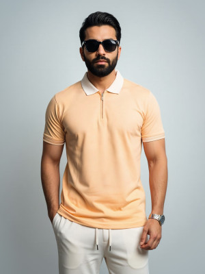 ADRO Self Design Men Polo Neck Orange T-Shirt