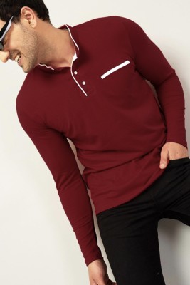 TEEMEX Solid Men Mandarin Collar Maroon T-Shirt