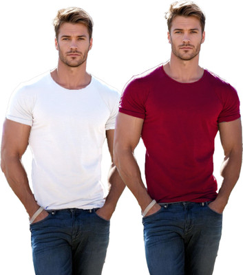 HOC Solid Men Round Neck White, Maroon T-Shirt