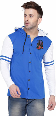 Blisstone Printed Men Hooded Neck Blue, White T-Shirt