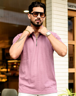 ENITOR Self Design Men Polo Neck Pink T-Shirt