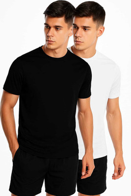 TQH Solid Men Round Neck White, Black T-Shirt