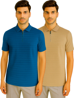 Bhadawar creations Solid Men Zip Neck Blue, Multicolor T-Shirt
