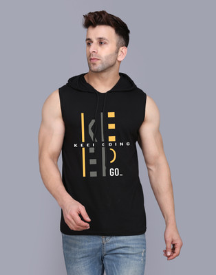 SLOWLORIS Printed Men Hooded Neck Black T-Shirt