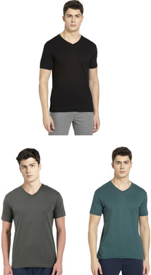 JOCKEY Solid Men V Neck Black, Dark Green, Green T-Shirt