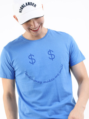 HIGHLANDER Printed Men Round Neck Blue T-Shirt