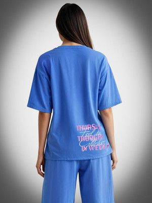 Glitchez Printed Women Round Neck Blue T-Shirt