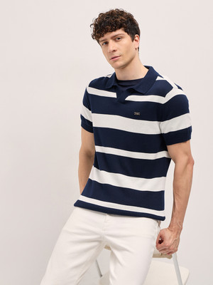 THE BEAR HOUSE Striped Men Polo Neck Blue T-Shirt