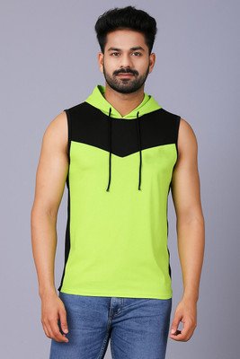 VASTRAART Colorblock, Chevron/Zig Zag Men Hooded Neck Black, Light Green T-Shirt