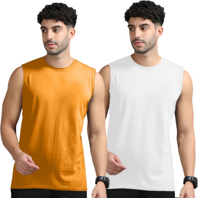 Adorbs Solid Men Round Neck Orange, White T-Shirt