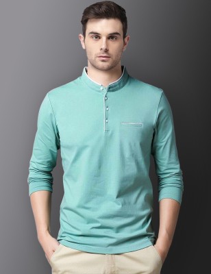 Bell Paper Solid Men Mandarin Collar Green T-Shirt