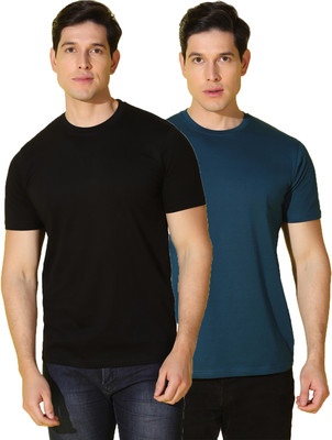 WOOSTRO Solid Men Round Neck Black, Blue T-Shirt