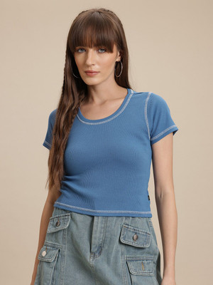 Roadster Solid Women Scoop Neck Blue T-Shirt