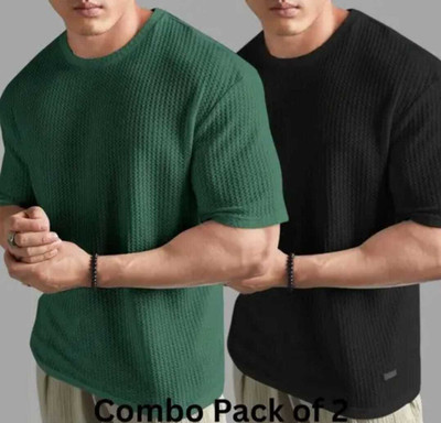 BOOM BAAM Solid Men Round Neck Maroon, Black T-Shirt