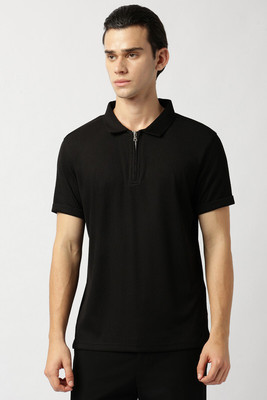 MidHook Self Design Men Polo Neck Black T-Shirt
