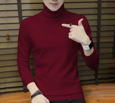 TEEMEX Solid Men High Neck Maroon T-Shirt