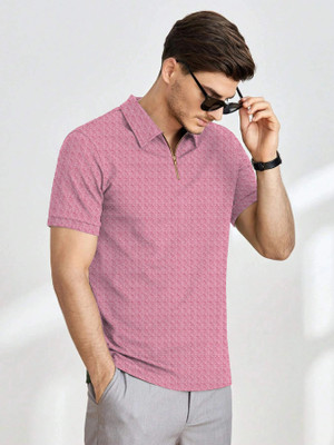TEMUK Self Design Men Polo Neck Pink T-Shirt