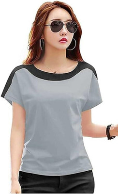 HEATHEX Colorblock Women Round Neck Black, Grey T-Shirt