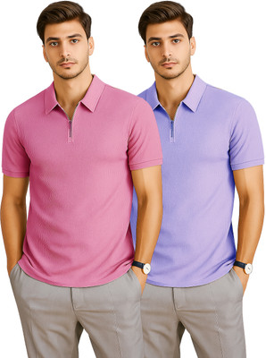 RMLKN Self Design Men Zip Neck Purple, Pink T-Shirt