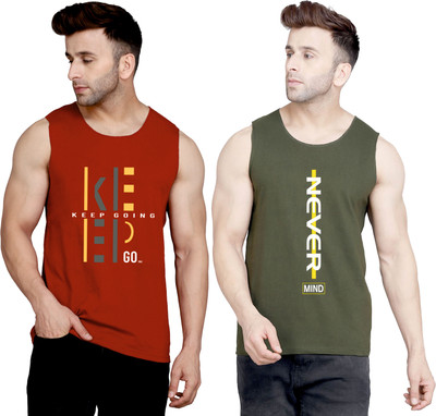 SLOWLORIS Printed Men Round Neck Maroon, Dark Green T-Shirt