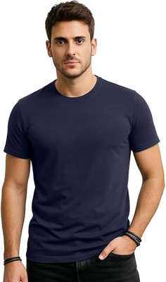SHIMPEX Solid Men Round Neck Blue T-Shirt
