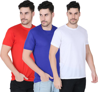 HOC Solid Men Round Neck Red, Blue, White T-Shirt