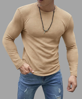 Hey Dude Solid Men Round Neck Beige T-Shirt
