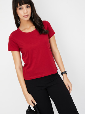 MAX Solid Women Round Neck Red T-Shirt