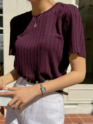 TEES HUB Casual Self Design Women Maroon Top