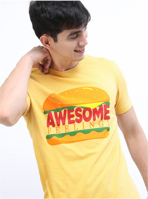 HIGHLANDER Printed Men Round Neck Yellow T-Shirt