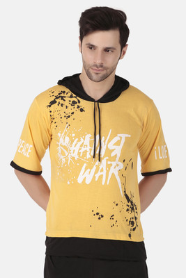 SM SHAYAM CREATION Printed, Typography Men Hooded Neck Yellow T-Shirt