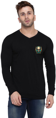 GEUM Printed Men V Neck Black T-Shirt