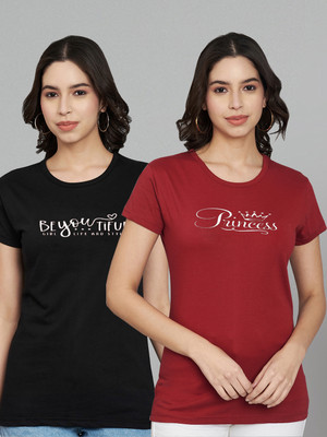 Trend Level Typography Women Round Neck Black, Maroon T-Shirt