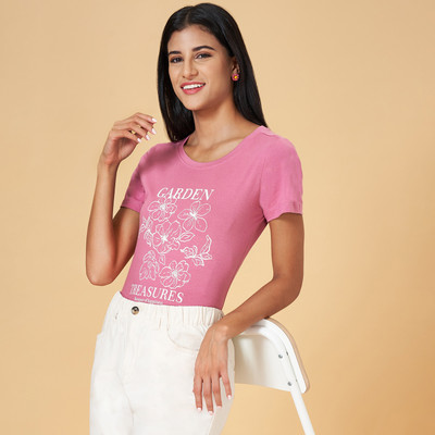 Honey By Pantaloons Printed Women Round Neck Pink T-Shirt