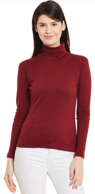 SMD Enterprise Solid Women Turtle Neck Maroon T-Shirt