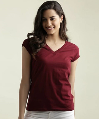 SMD Enterprise Solid Women V Neck Maroon T-Shirt