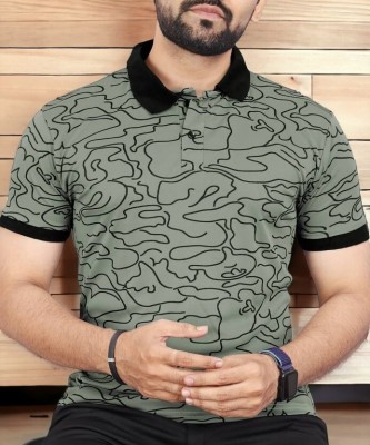 BRIGHT KRAFT Printed Men Polo Neck Dark Green T-Shirt