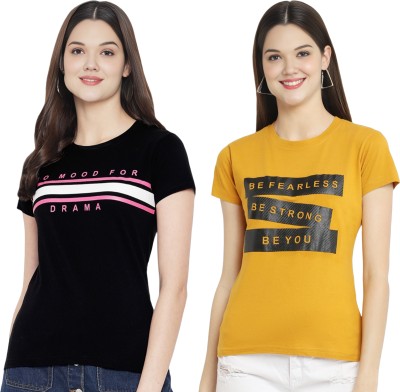 DreamBe Printed Women Round Neck Black, Yellow T-Shirt