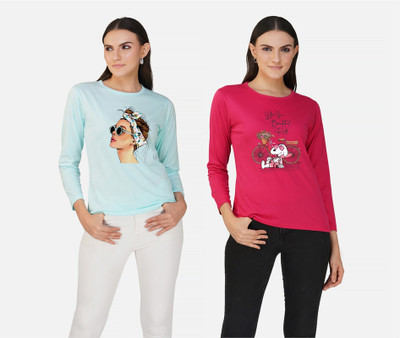 CHOZI Printed Women Round Neck Light Blue, Pink T-Shirt