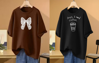 RAPTUROUS Printed Women Round Neck Brown, Black T-Shirt