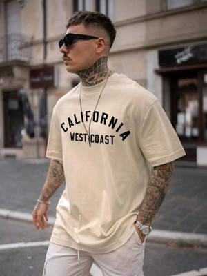 SPOWEARY Printed Men Round Neck Beige T-Shirt