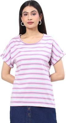 2Bme Striped Women Round Neck Light Blue, Pink, Purple T-Shirt