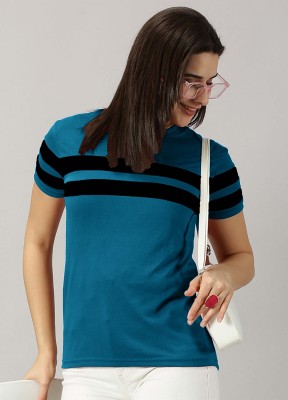 AUSK Striped Women Round Neck Dark Blue, Black T-Shirt