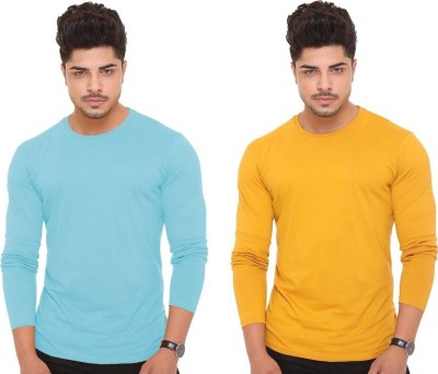 Classy Fab Solid Men Round Neck Light Blue, Yellow T-Shirt