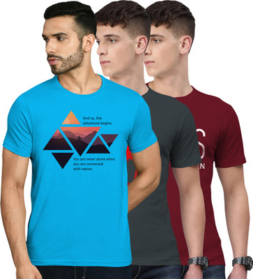 FADMARK Printed Men Round Neck Blue, Grey, Maroon T-Shirt