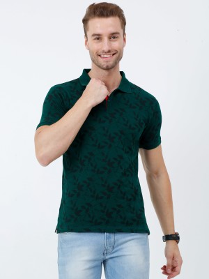 URBARO Floral Print Men Polo Neck Dark Green, Black T-Shirt