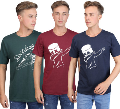 SUPERSQUAD Printed Men Round Neck Maroon, Dark Green, Dark Blue T-Shirt