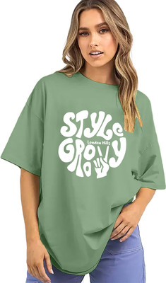 London Hills Printed, Typography Women Round Neck Light Green T-Shirt