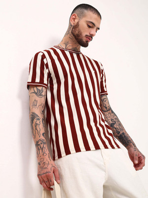 SHOWOFFFF Striped Men Round Neck Maroon T-Shirt